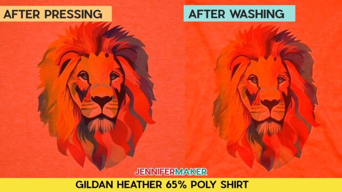 Not sure how long to heat press a sublimation shirt? Find out how with JenniferMaker's tutorial! Before and after pressing and washing photos of Jennifer's multicolored lion design, sublimated onto an orange Gildan Heather 65% poly shirt. Image shows significant fading.