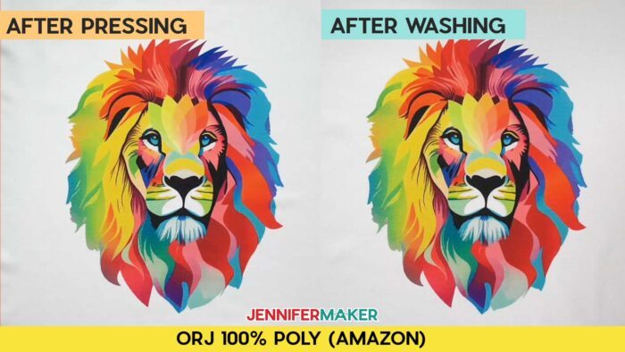 Not sure how long to heat press a sublimation shirt? Find out how with JenniferMaker's tutorial! Before and after pressing and washing photos of Jennifer's multicolored lion design, sublimated onto a white ORJ 100% poly shirt. Image shows no fading.