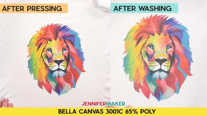 Not sure how long to heat press a sublimation shirt? Find out how with JenniferMaker's tutorial! Before and after pressing and washing photos of Jennifer's multicolored lion design, sublimated onto a white Bella Canvas 3001C 65% poly shirt. Image shows significant fading.