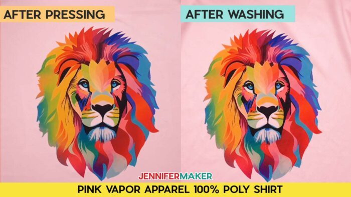 Not sure how long to heat press a sublimation shirt? Find out how with JenniferMaker's tutorial! Before and after pressing and washing photos of Jennifer's multicolored lion design, sublimated onto a pink Vapor Apparel 100% poly shirt. Image shows no fading.