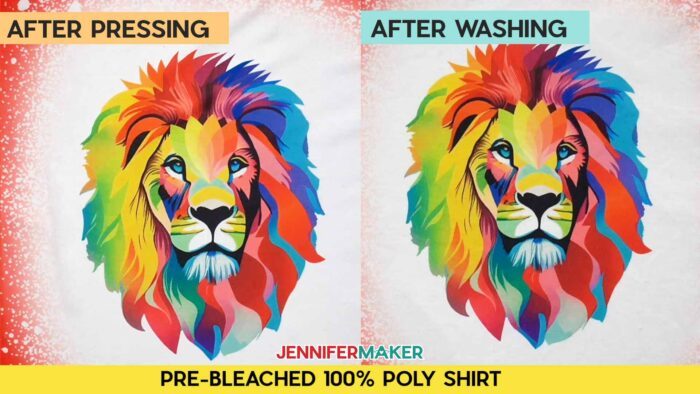 Not sure how long to heat press a sublimation shirt? Find out how with JenniferMaker's tutorial! Before and after pressing and washing photos of Jennifer's multicolored lion design, sublimated onto a pre-bleached red shirt with a white sublimation area. Image shows no fading.