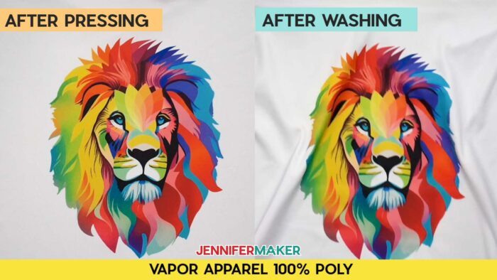 Not sure how long to heat press a sublimation shirt? Find out how with JenniferMaker's tutorial! Before and after pressing and washing photos of Jennifer's multicolored lion design, sublimated onto a white Vapor Apparel 100% poly shirt. Image shows no fading.