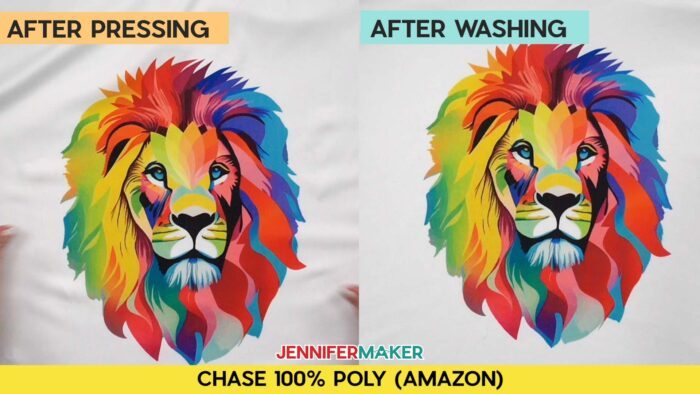 Not sure how long to heat press a sublimation shirt? Find out how with JenniferMaker's tutorial! Before and after pressing and washing photos of Jennifer's multicolored lion design, sublimated onto a white Chase 100% poly shirt. Image shows no fading.