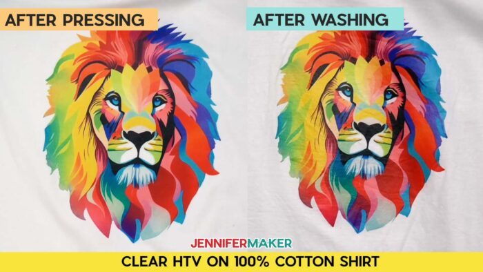 Not sure how long to heat press a sublimation shirt? Find out how with JenniferMaker's tutorial! Before and after pressing and washing photos of Jennifer's multicolored lion design, sublimated onto clear HTV on a white 100% cotton shirt. Image shows a slight reduction in vibrancy after washing. 