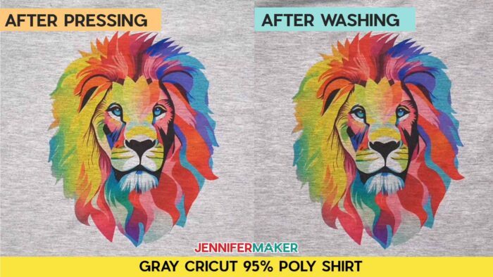 Not sure how long to heat press a sublimation shirt? Find out how with JenniferMaker's tutorial! Before and after pressing and washing photos of Jennifer's multicolored lion design, sublimated onto a heathered gray Cricut 95% poly shirt. Image shows no fading.