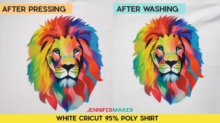 Not sure how long to heat press a sublimation shirt? Find out how with JenniferMaker's tutorial! Before and after pressing and washing photos of Jennifer's multicolored lion design, sublimated onto a white Cricut 95% poly shirt. Comparison shows no fading. 