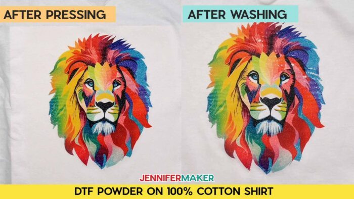 Not sure how long to heat press a sublimation shirt? Find out how with JenniferMaker's tutorial! Before and after pressing and washing photos of Jennifer's multicolored lion design, sublimated with DTF powder on a white 100% cotton shirt. After image shows substantial issues with the transfer, with patchy white spots where the image has come off. 