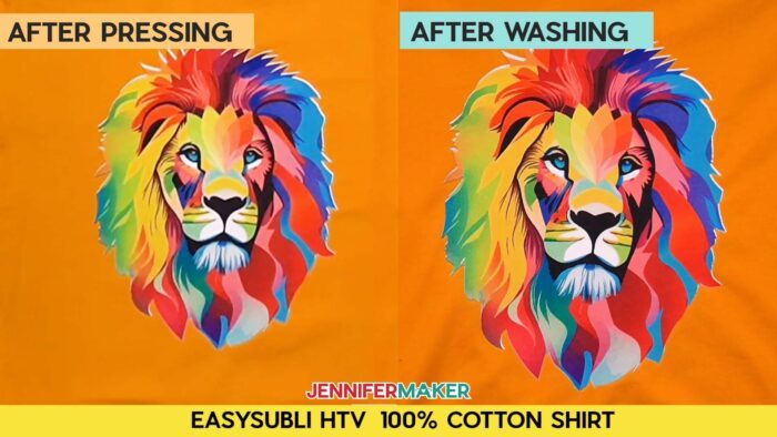 Not sure how long to heat press a sublimation shirt? Find out how with JenniferMaker's tutorial! Before and after pressing and washing photos of Jennifer's multicolored lion design, sublimated onto EasySubli HTV on orange 100% cotton shirt.