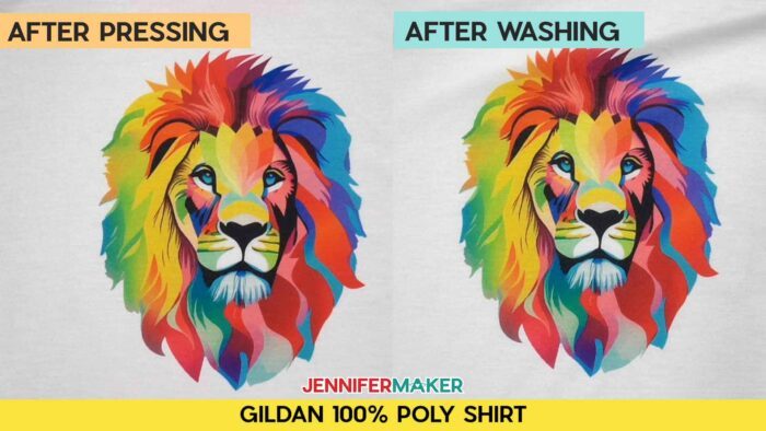 Not sure how long to heat press a sublimation shirt? Find out how with JenniferMaker's tutorial! Before and after pressing and washing photos of Jennifer's multicolored lion design, sublimated onto a Gildan 100% poly shirt. Image shows no fading.