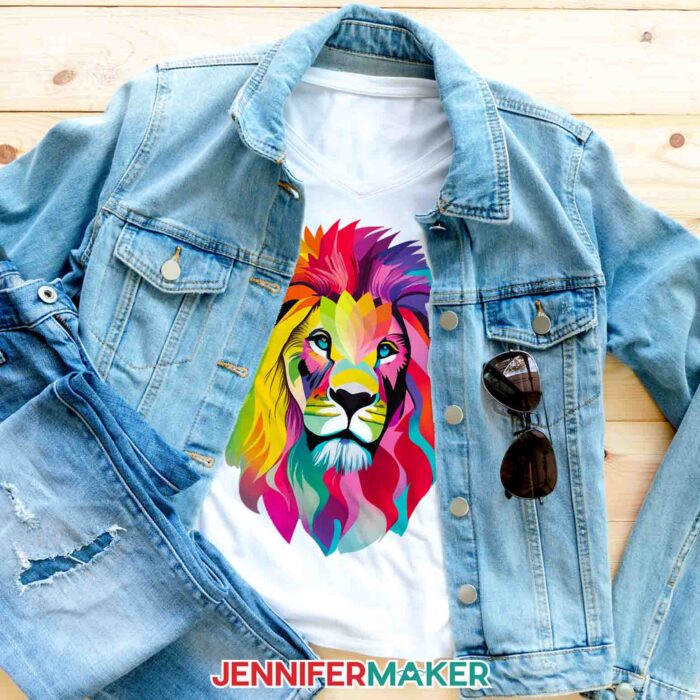 Not sure how long to heat press a sublimation shirt? Find out how with JenniferMaker's tutorial! A vivid, multicolored lion design sublimated onto a white shirt peeks out from inside a light denim jacket, with a pair of sunglasses in the pocket and a pair of distressed, ripped jeans folded nearby. 