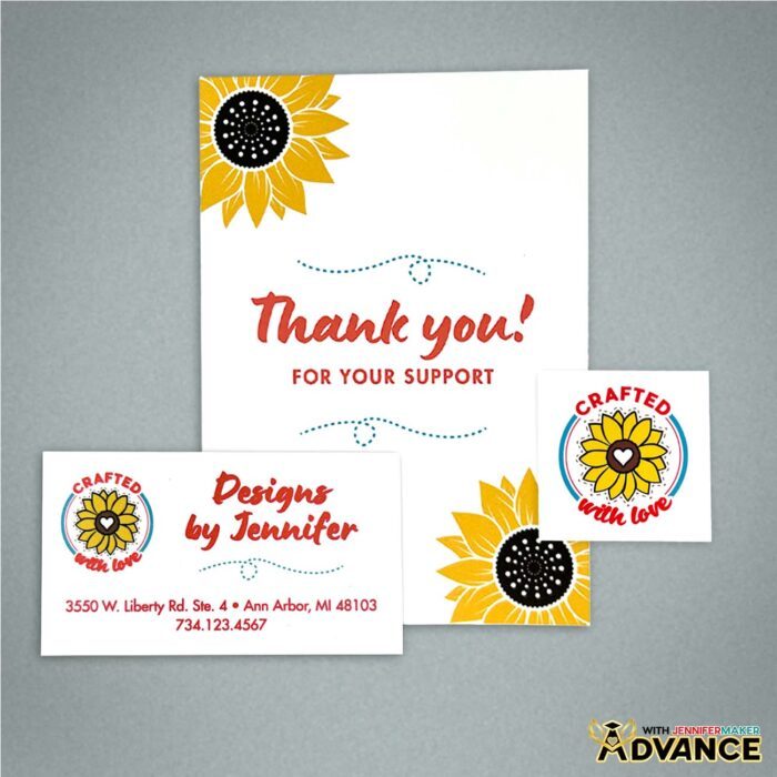Custom coordinating template options you can make in the Advance program. The pieces are branded "Designs By Jennifer" and feature sunflower motifs that span all three pieces. Learn How To Make Canva Templates with the free tutorial