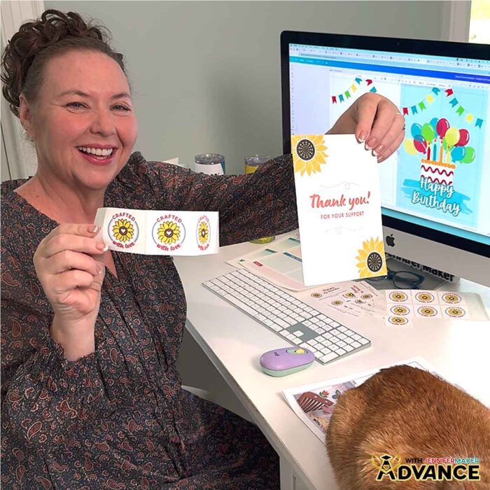 Jennifer Maker shows off custom coordinating sticker and greeting card designs she made in her Advance With JenniferMaker program. Learn How To Make Canva Templates with the free tutorial