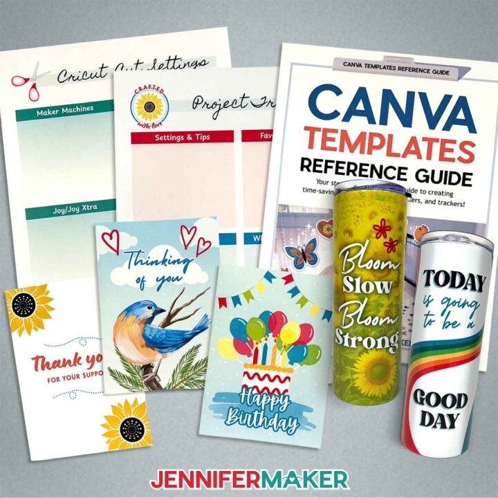 Finished cards, tracking sheets, and tumblers for the How to Make Canva Templates project