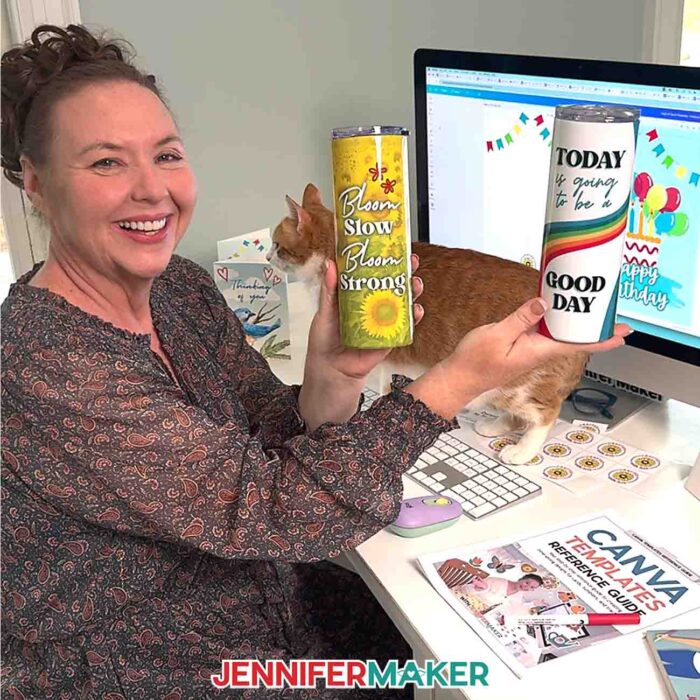 Learn How To Make Canva Templates with the free tutorial! Jennifer Maker shows off two tumblers she made with the help of Canva templates she designed