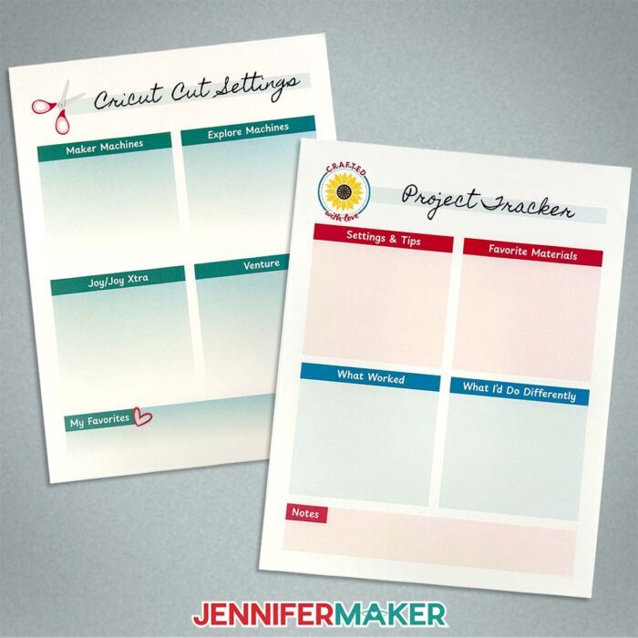 Learn How To Make Canva Templates with the free tutorial! Two printed organizational sheets titled "Cricut Cut Settings" and "Project Tracker" sit on a gray desk