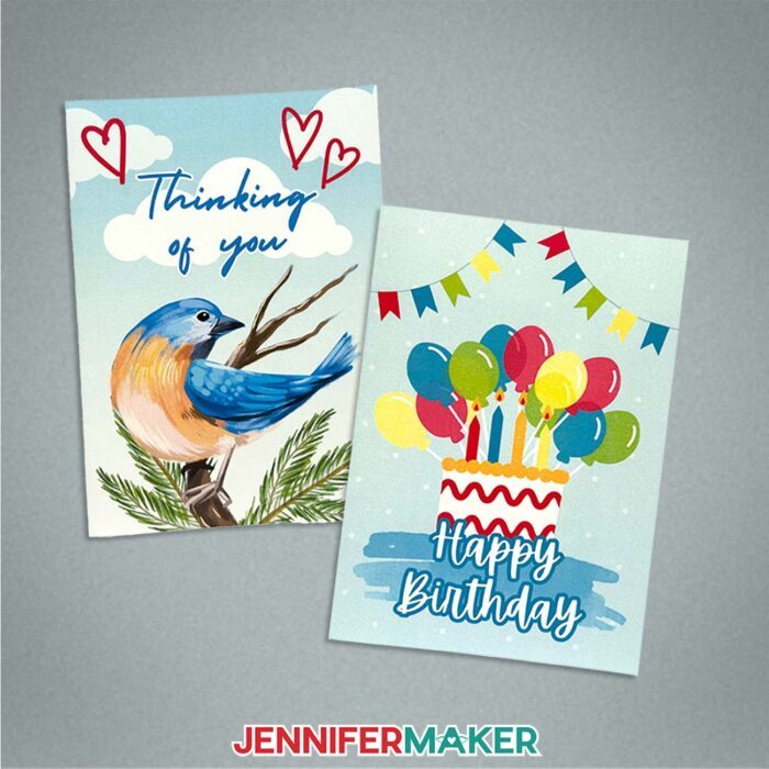 Learn How To Make Canva Templates with the free tutorial! Two cards, one with a bird that says "Thinking Of You" and one with a cake and balloons that says "Happy Birthday" sit on a gray surface