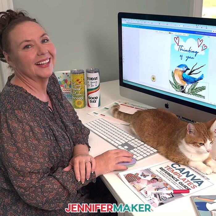 Learn How To Make Canva Templates with the free tutorial! Jennifer Maker designs a "Thinking Of You" card on her computer in Canva