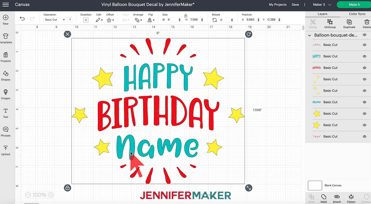 A screenshot of the Design Space Canvas for the vinyl balloon bouquet decal showing the words Happy Birthday Name with stars and sparkles surrounding them. The size of the entire design is 9 inches wide by 7.596 inches tall, and nine separate layers can be seen in the Layers Panel on the right.