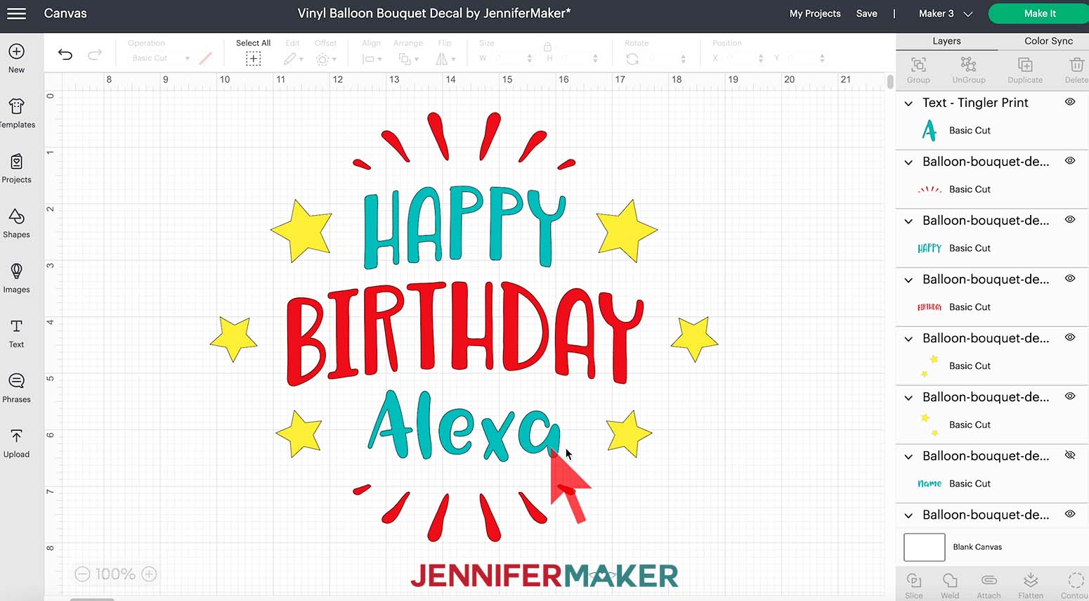 A screenshot of the Design Space Canvas for the vinyl balloon bouquet decal showing the words Happy Birthday Alexa with stars and sparkles surrounding them. The mouse pointer is positioned over the word Alexa.