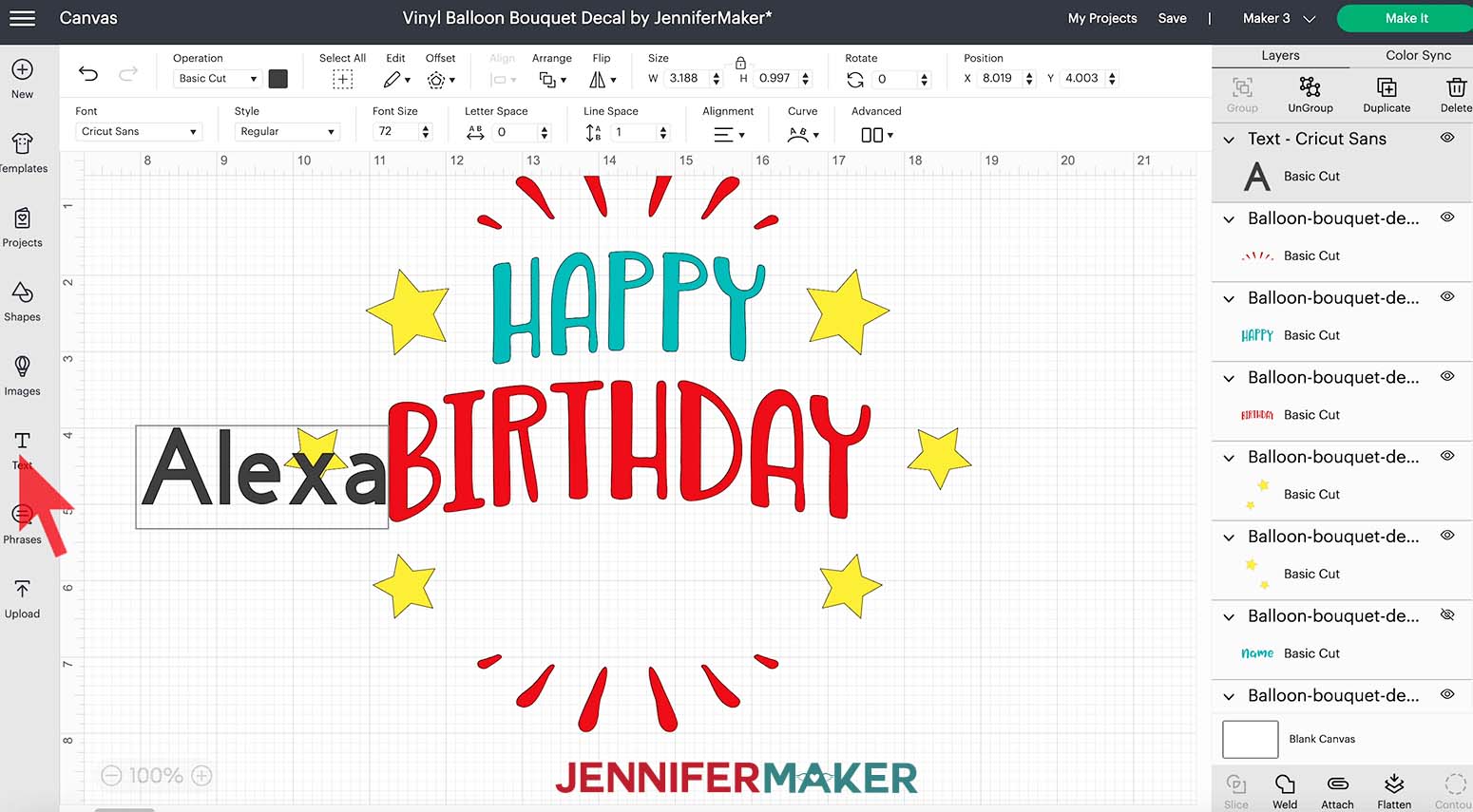 A screenshot of the Design Space Canvas for the vinyl balloon bouquet decal showing the words Happy Birthday with stars and sparkles surrounding them and the word Alexa typed in a textbox to the left