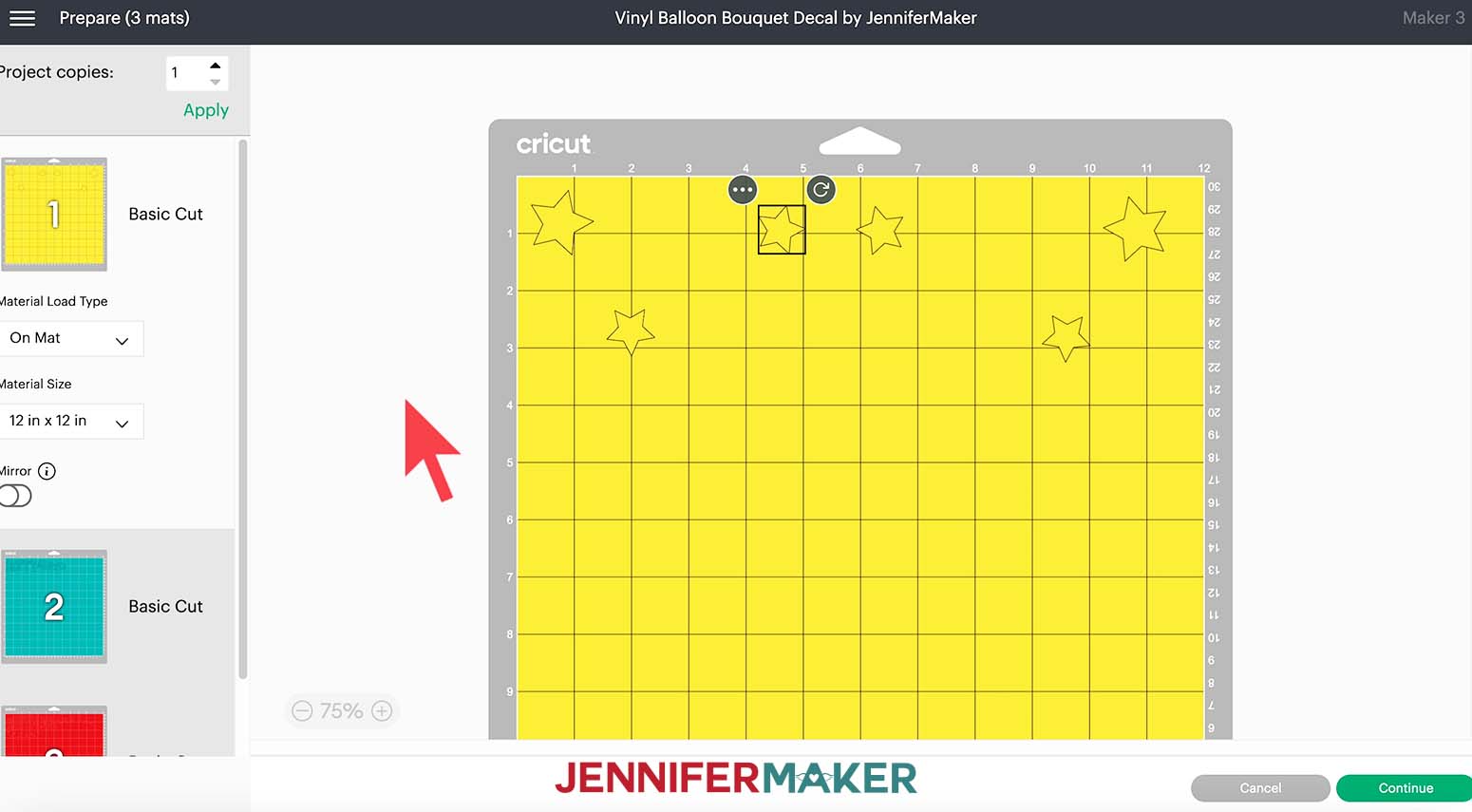 A screenshot of the Design Space Prepare screen for the vinyl balloon bouquet decal showing six stars positioned with space in between them on a yellow mat