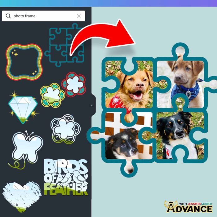 Learn How To Make A Frame In Canva! A four-photo frame using pet photos and Canva frames taught in the ADVANCE by JenniferMaker custom Canva frame workshop
