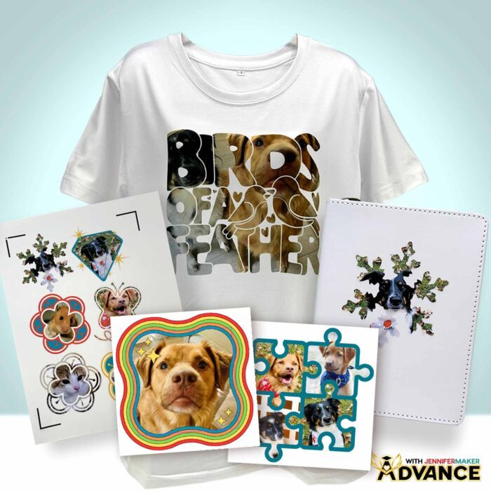 Learn How To Make A Frame In Canva! A collection of stickers and a sublimated journal made with Jennifer Maker's pet photos using Canva frames, along with projects made with techniques taught in the ADVANCE by JenniferMaker custom Canva frame workshop