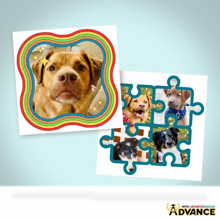 Learn How To Make A Frame In Canva! A collection of designs made with Jennifer Maker's pet photos using Canva frames in the ADVANCE by JenniferMaker custom Canva frame workshop