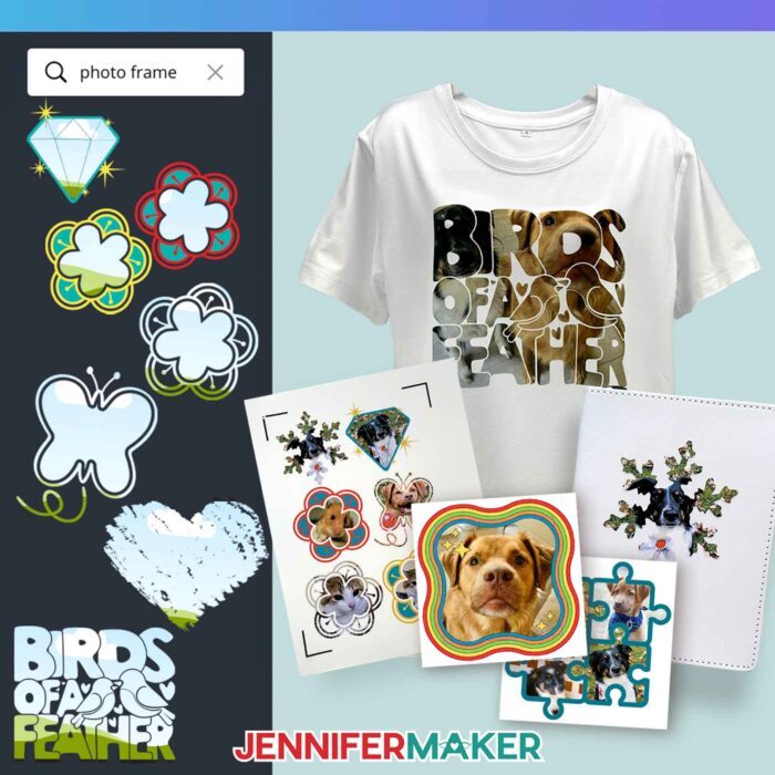 Learn How To Make A Frame In Canva! A collection of stickers and a sublimated journal made with Jennifer Maker's pet photos using Canva frames, along with projects made with techniques taught in the ADVANCE by JenniferMaker custom Canva frame workshop