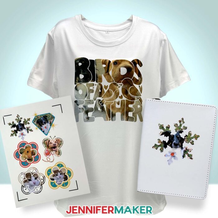 Learn How To Make A Frame In Canva! A collection of stickers, a T-shirt, and a sublimated journal made with Jennifer Maker's pet photos using Canva frames