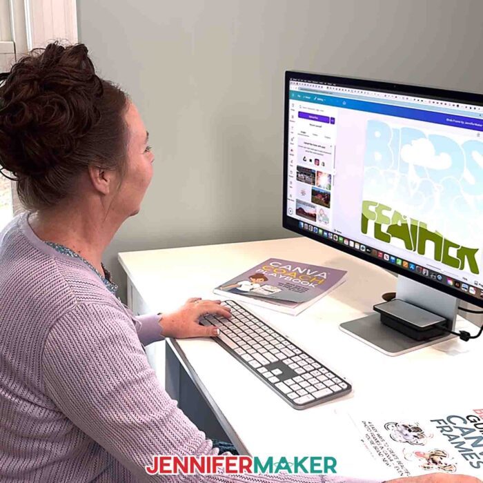 Learn How To Make A Frame In Canva! Jennifer Maker works at her computer on a design using a frame