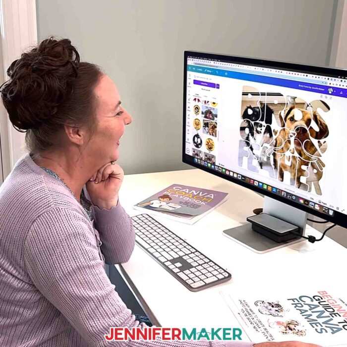 Learn How To Make A Frame In Canva! Jennifer Maker works at her computer on a design using a frame and a pet photo