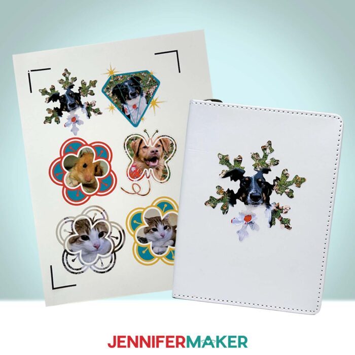 Learn How To Make A Frame In Canva! A collection of stickers and a sublimated journal made with Jennifer Maker's pet photos using Canva frames