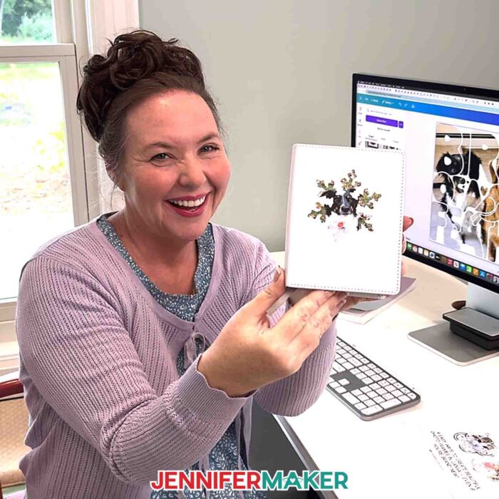 Learn How To Make A Frame In Canva! Jennifer Maker shows off a sublimated journal with a snowflake shaped frame with a pet photo 