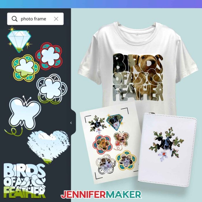 Learn How To Make A Frame In Canva! A collection of stickers and a sublimated journal made with Jennifer Maker's pet photos using Canva frames