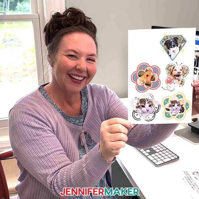 Learn How To Make A Frame In Canva! Jennifer Maker shows off a sheet of printed stickers with fun shaped frames and pet photos