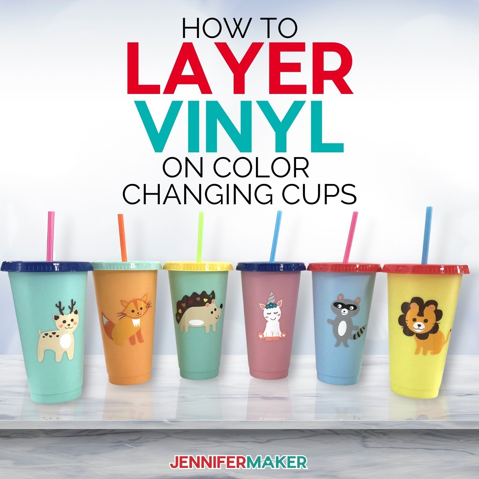 Color changing cups with layered vinyl designs