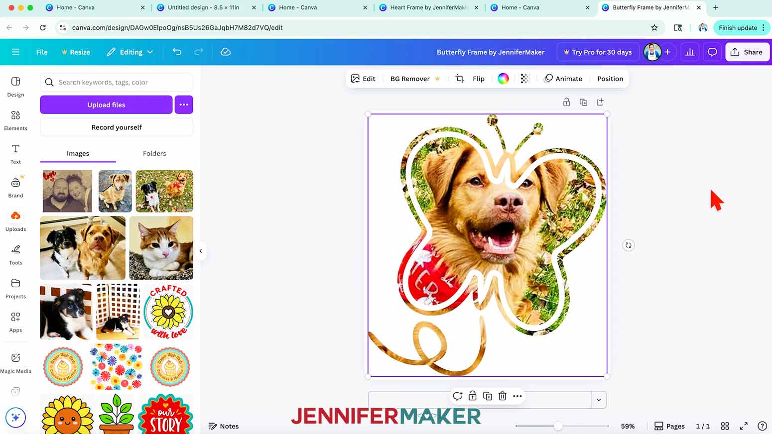 The ready to use Butterfly Frame will work best with a single subject image in Canva.