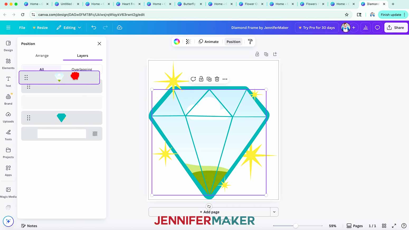 Drag the frame layer of the ready to use Diamond Frame to the top to fill it with an image in Canva.