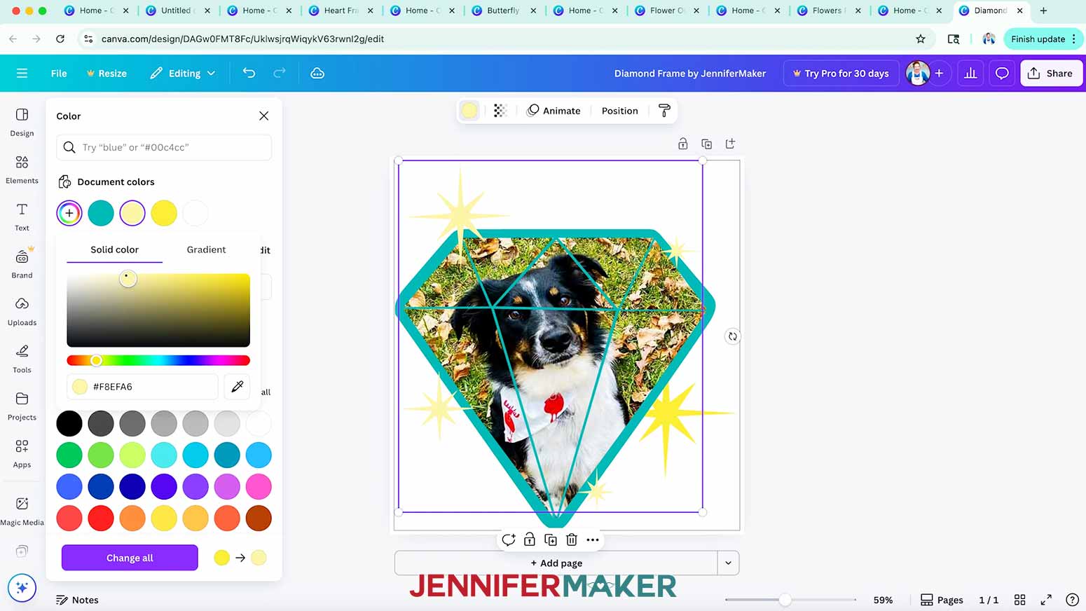 The colors of the elements in the ready to use Diamond Canva frame can be edited.