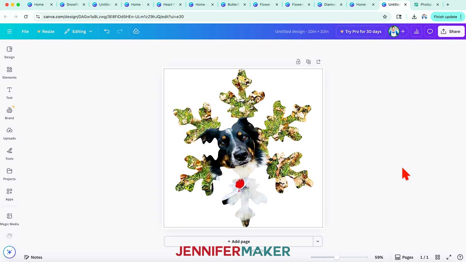 The snowflake frame in Canva is now filled in with an image and ready to download.