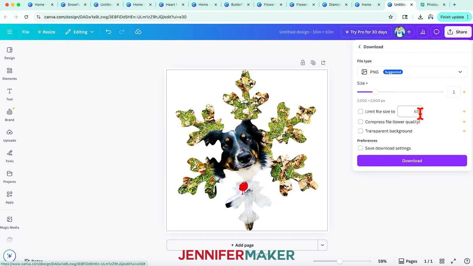 Click download to save the finished Snowflake frame design to the computer from Canva.