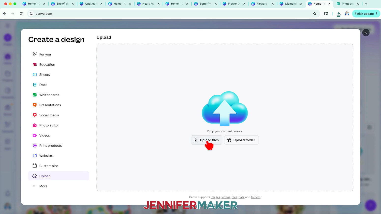 Click Upload Files to add the custom Canva Frame file to the Canva account.