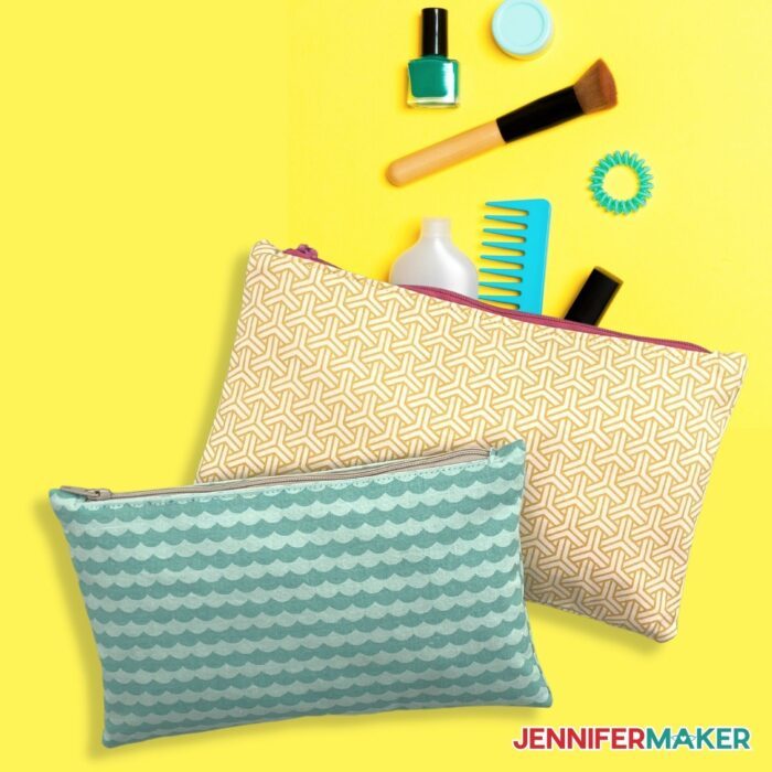 Two DIY Zipper Pouches laying flat on a bright yellow background