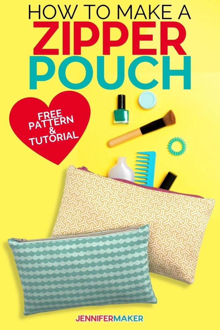 Two DIY Zipper Pouch laying flat in with makeup and accessories falling on the surface
