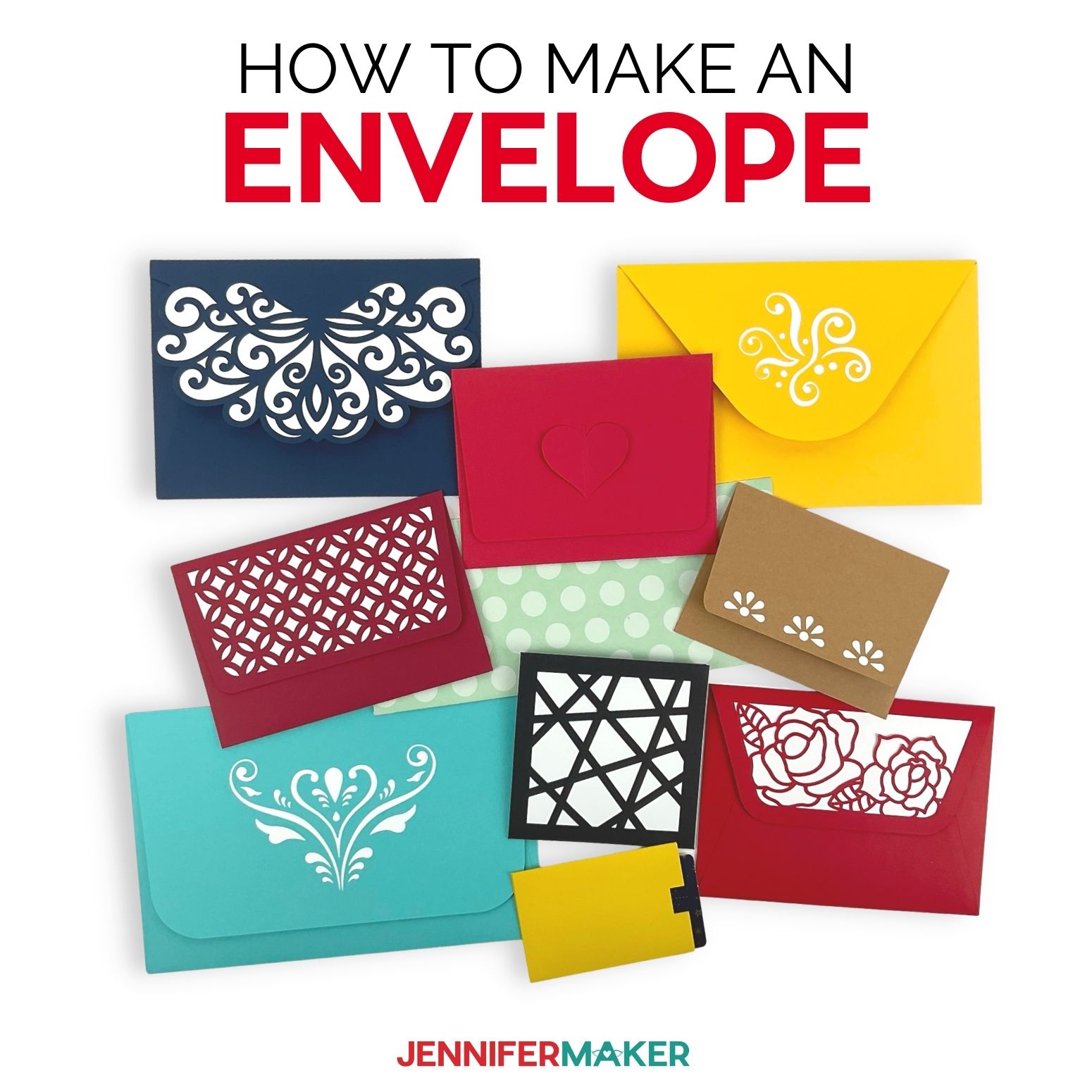 Ten handmade paper envelopes in bright colors on a white background below the title How to Make an Envelope.