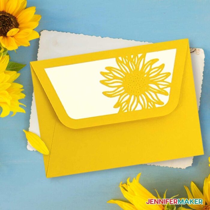 Sunflower cut-out envelope made from yellow cardstock and a white paper liner