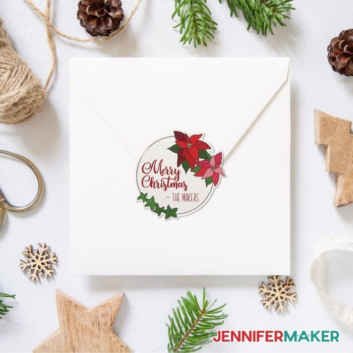 Merry Christmas Sticker made with Cricut Cutting Machine on a white envelope