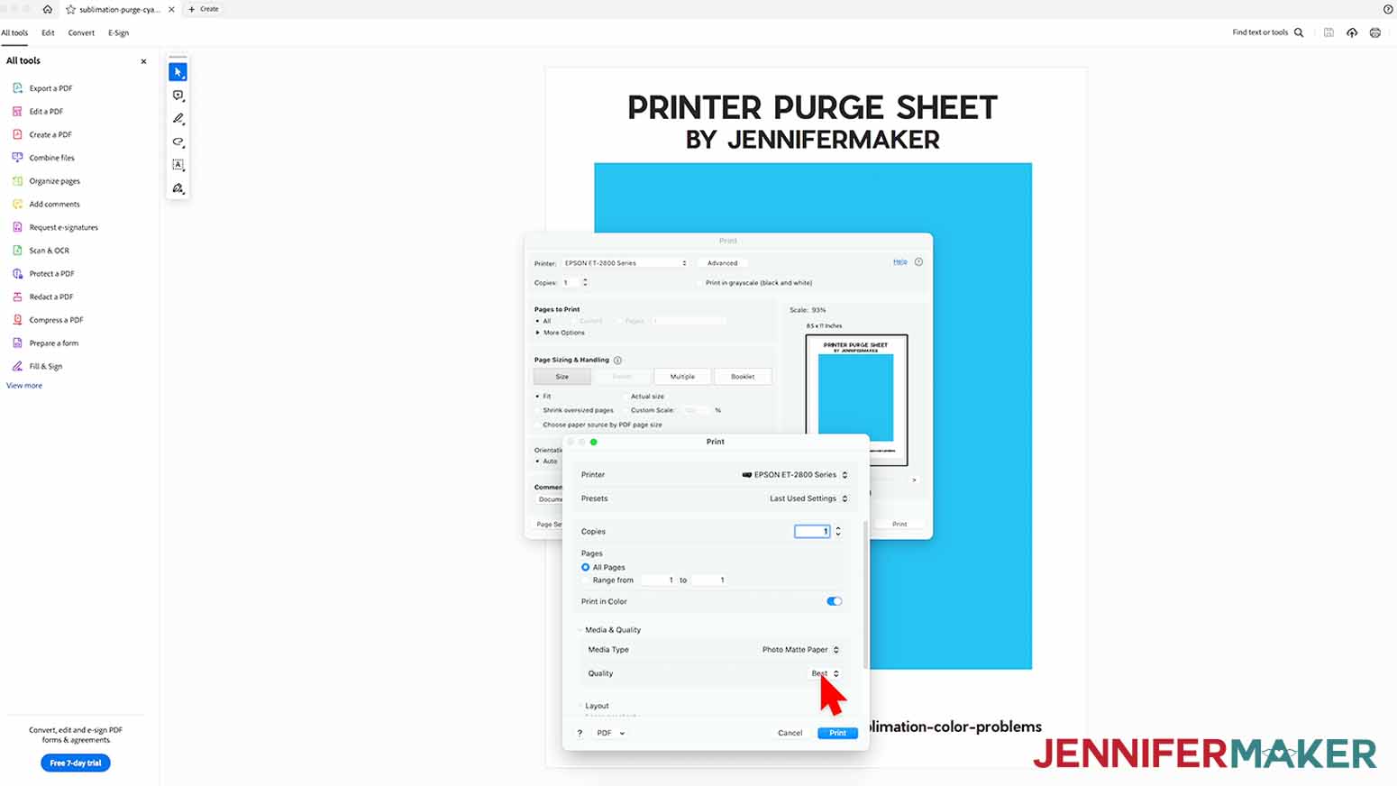 In the Print dialog box, make sure your sublimation printer is selected in the printer dropdown menu and that the design is set to print using color ink. Adjust the controls to your usual sublimation settings. Use the best quality options available.