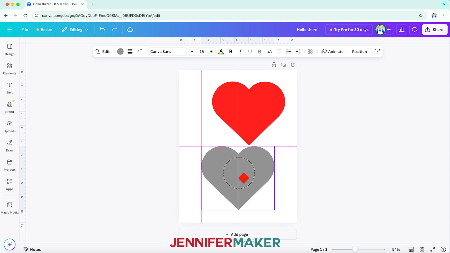 Use the alignment guidelines in Canva to help align objects to each other and the canvas.